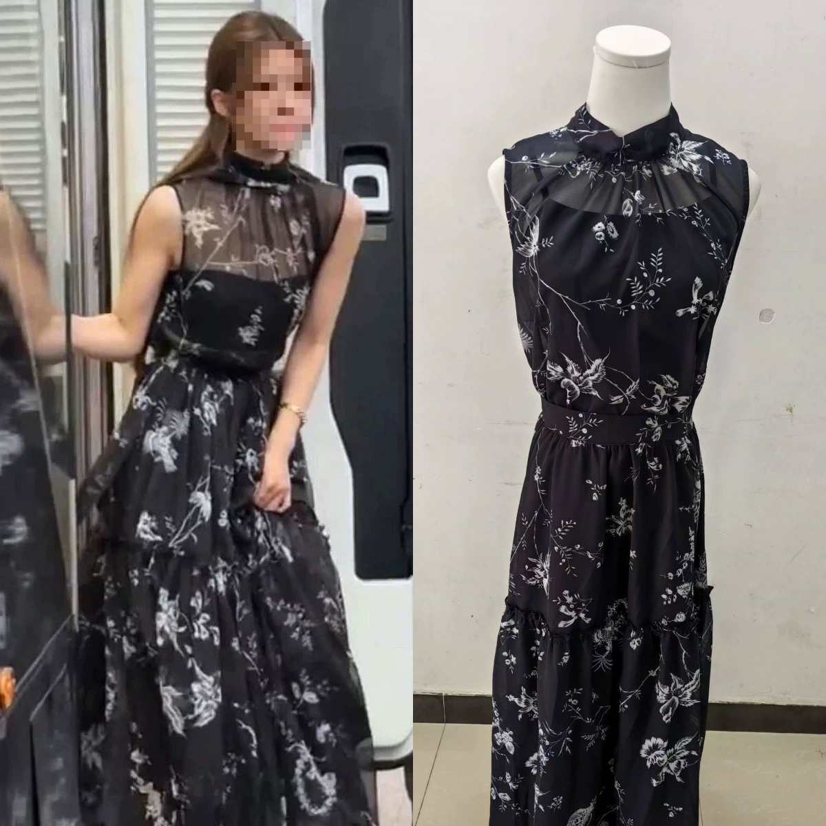 Долгосрочный склад 2025 лето ослепительный стиль Zhao Lusi и Xu Yan черный топ с цветочным принтом и длинная юбка.