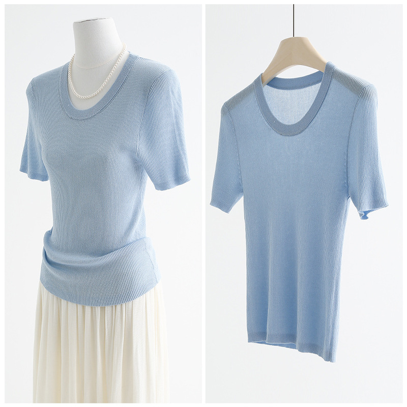 Ambilight Glitter Tencel Spring/Summer Macaron Round Neck Ribbed Knit Short Sleeve Slim Fit T-Shirt 35223
