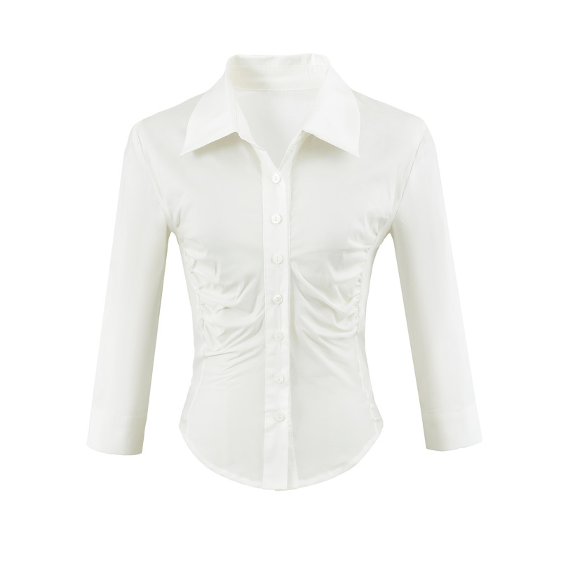 White Slim-Fit Cotton-Like Shirt with Pleated Shoulders and Waist-Cinching Design, Slimming Effect, Three-Quarter Sleeves, Women's Summer French-Style Elegant Workwear Top White Slim-Fit Cotton-Like Shirt with Pleated Shoulders and Waist-Cinching Design, Slimming Effect, Three-Quarter Sleeves, Women's Summer French-Style Elegant Workwear Top