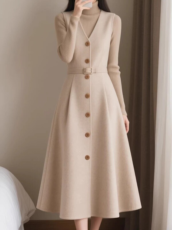New Spring and Autumn Mid-Length Woolen Dress, Elegant and Gentle Goddess Style, Two-Piece Set with Vest Dress New Spring and Autumn Mid-Length Woolen Dress, Elegant and Gentle Goddess Style, Two-Piece Set with Vest Dress