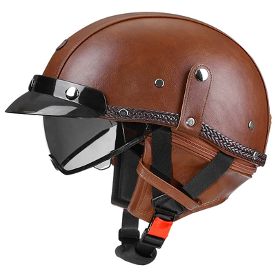 car helmet Japanese scoop helmet, Motosiklet kaskı (dəbilqə) - brown-leather-tea-mirror-m