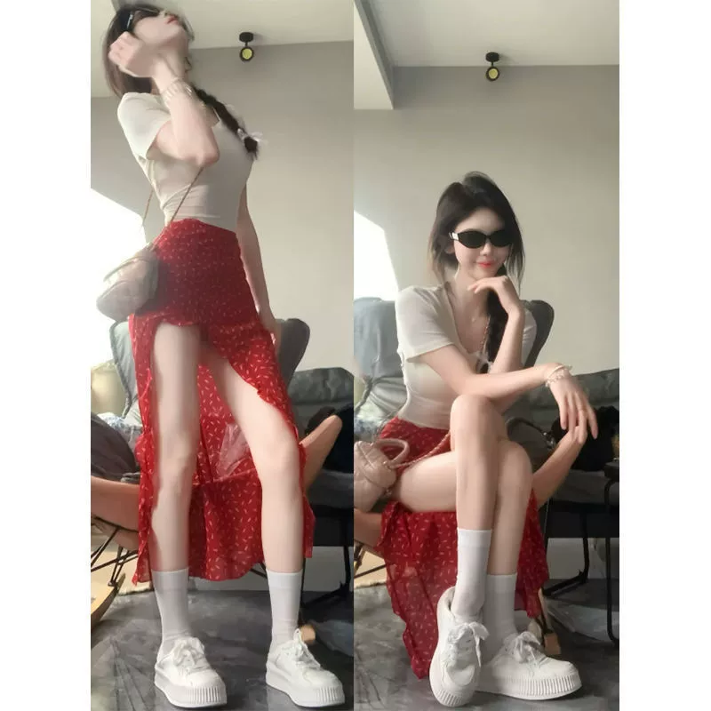 Темперамент модный набор женский красный цветочный нерегулярный с открытыми вилками бедра юбка с бюстом летняя белая рубашка с короткими рукавами