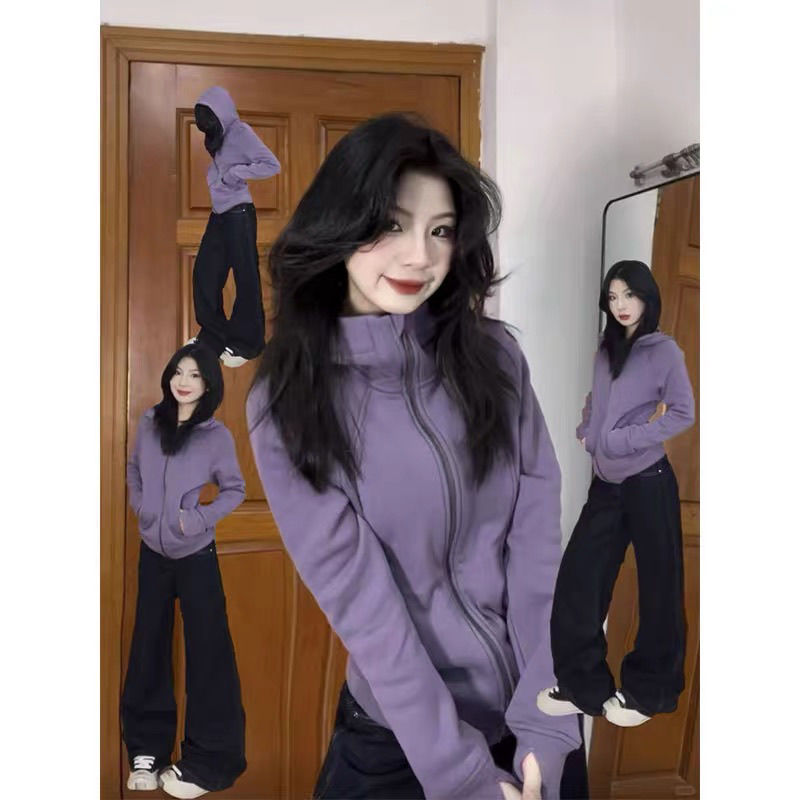 Slim Sweatshirt Jacket for Women to Wear in Spring, Right Shoulder Hooded Sports Waist Short Top, Spring Short Jacket with Sun Protection Slim Sweatshirt Jacket for Women to Wear in Spring, Right Shoulder Hooded Sports Waist Short Top, Spring Short Jacket with Sun Protection