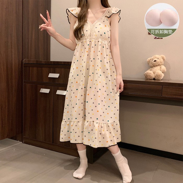 Verano delgado vestido de pijama de mujer cojín de pecho espuma de manga de flores volantes simple punto lindo oso pijama casero