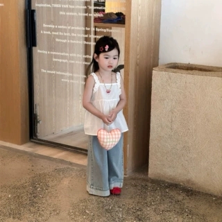 2026夏季新款 韩版童装 女童刺绣提花木耳边吊带娃娃衫翻边牛仔裤