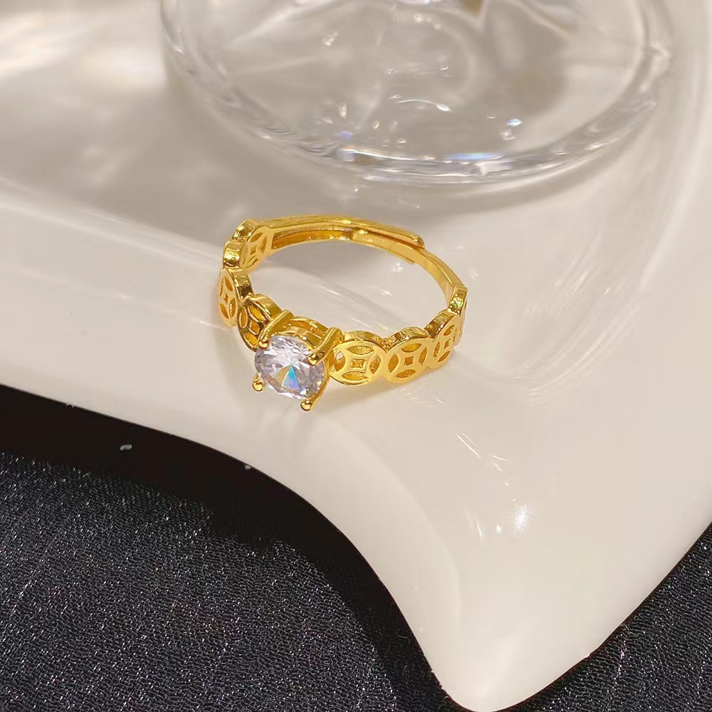 Korean and Japanese minimalist ins-style coin ring, fashionable niche adjustable open ring with zirconia