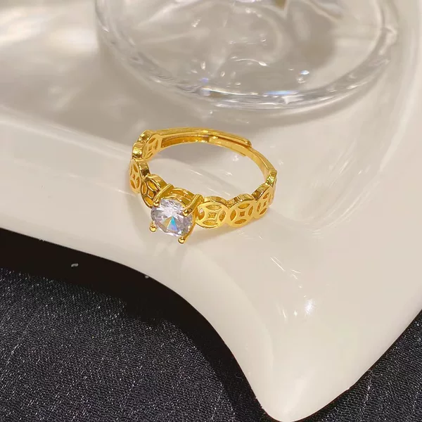 Korean and Japanese minimalist ins-style coin ring, fashionable niche adjustable open ring with zirconia