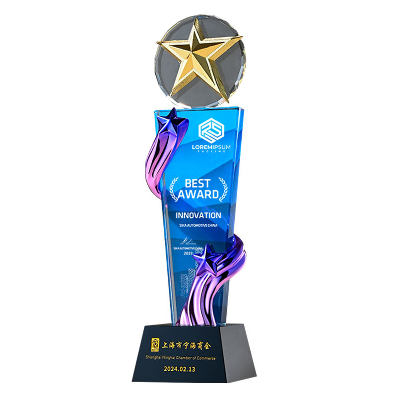 Dragon Year nuevo trofeo de cristal creativo grabado impresión en color estrella de pentagrama pulgar premio personal trofeo de resina metálica