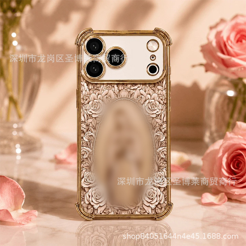 Rose-themed full-screen iPhone 17 case with four-corner anti-drop airbags, 16 Pro Max lens protector, 15 protective cover