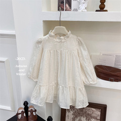 Ladies Lace Floral Edge Princess Dress 2024 Spring New Korean Style Baby Long Sleeve Dress Girl Embroidered Children's Dress