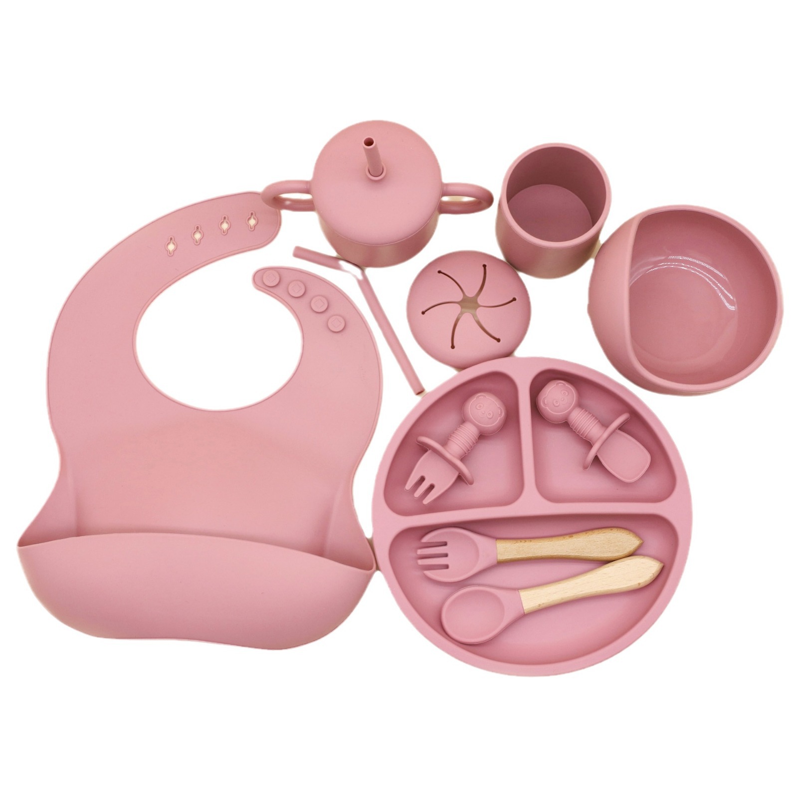 Conjunto de cubiertos de silicona para bebés transfronterizos Baodle Bowl Paws Cups and Fork Multiple Pieces Conjunto de platos de comida suplementaria cubiertos de alimentación