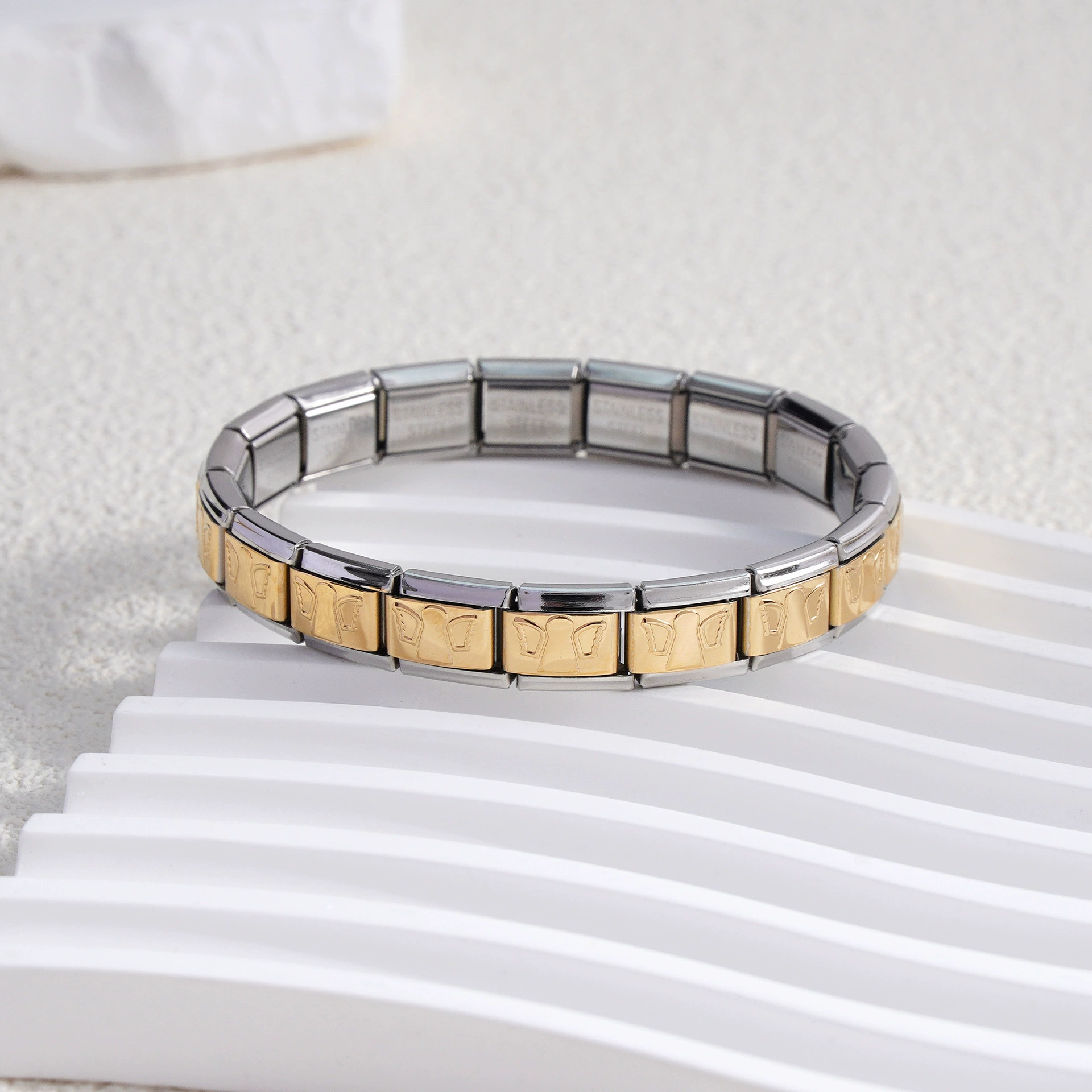 stainless steel bracelet, removable elastic link watch strap, italian european style, assorted charms