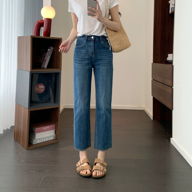 Leg-slimming magic pants!! Four-way stretch frayed hem cropped straight-leg jeans for women, new autumn high-waisted slimming baguette pants Leg-slimming magic pants!! Four-way stretch frayed hem cropped straight-leg jeans for women, new autumn high-waisted slimming baguette pants