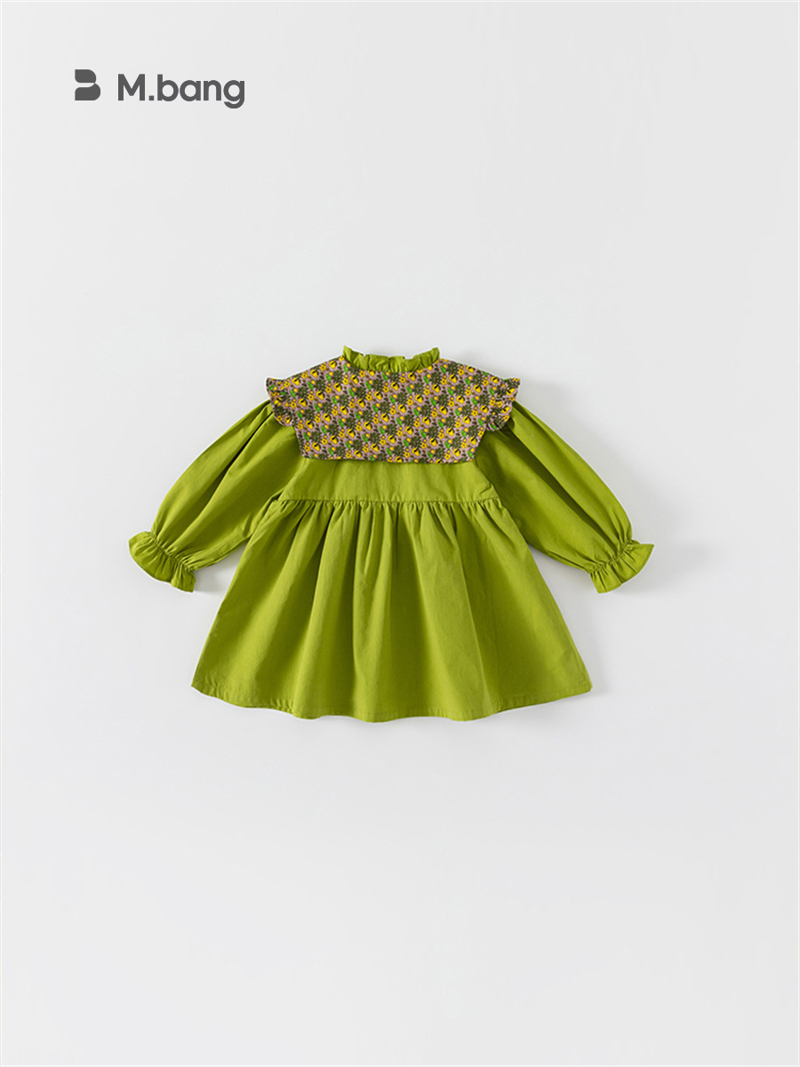 Ropa infantil Youbao, vestido de primavera y otoño estilo coreano para niñas, vestido verde aguacate con estampado floral y solapa grande, vestido para bebés pequeños 2026