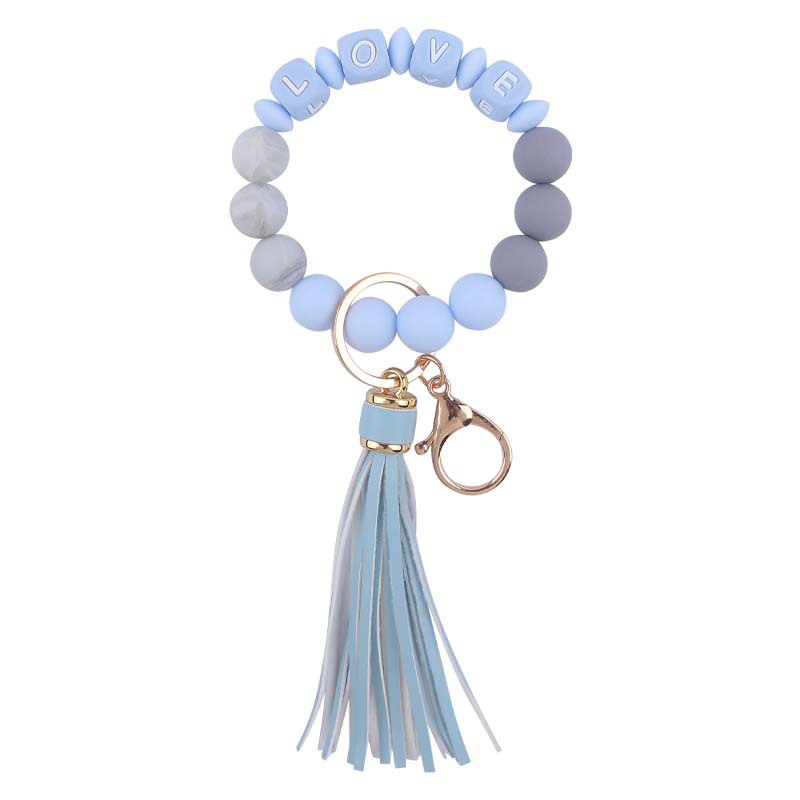 Nuevo cuero pu borla colgante llavero creativo DIY nombre cuentas de silicona con cuentas contraste color colgante llavero