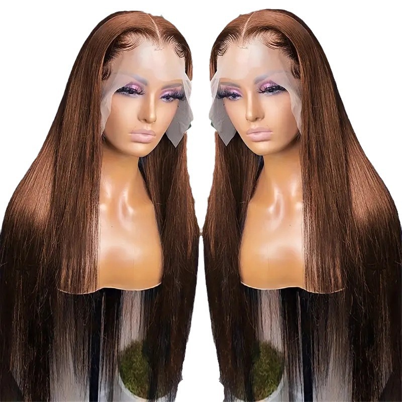 Parrucca lunga liscia con base in pizzo, castana, con capelli sintetici a copertura totale, extension per capelli alla moda e popolari._voghion.com