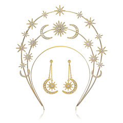 Sun Goddess Crown Headband with Three Layers of Stars and Moon, Bohemian Long-Arc Earrings