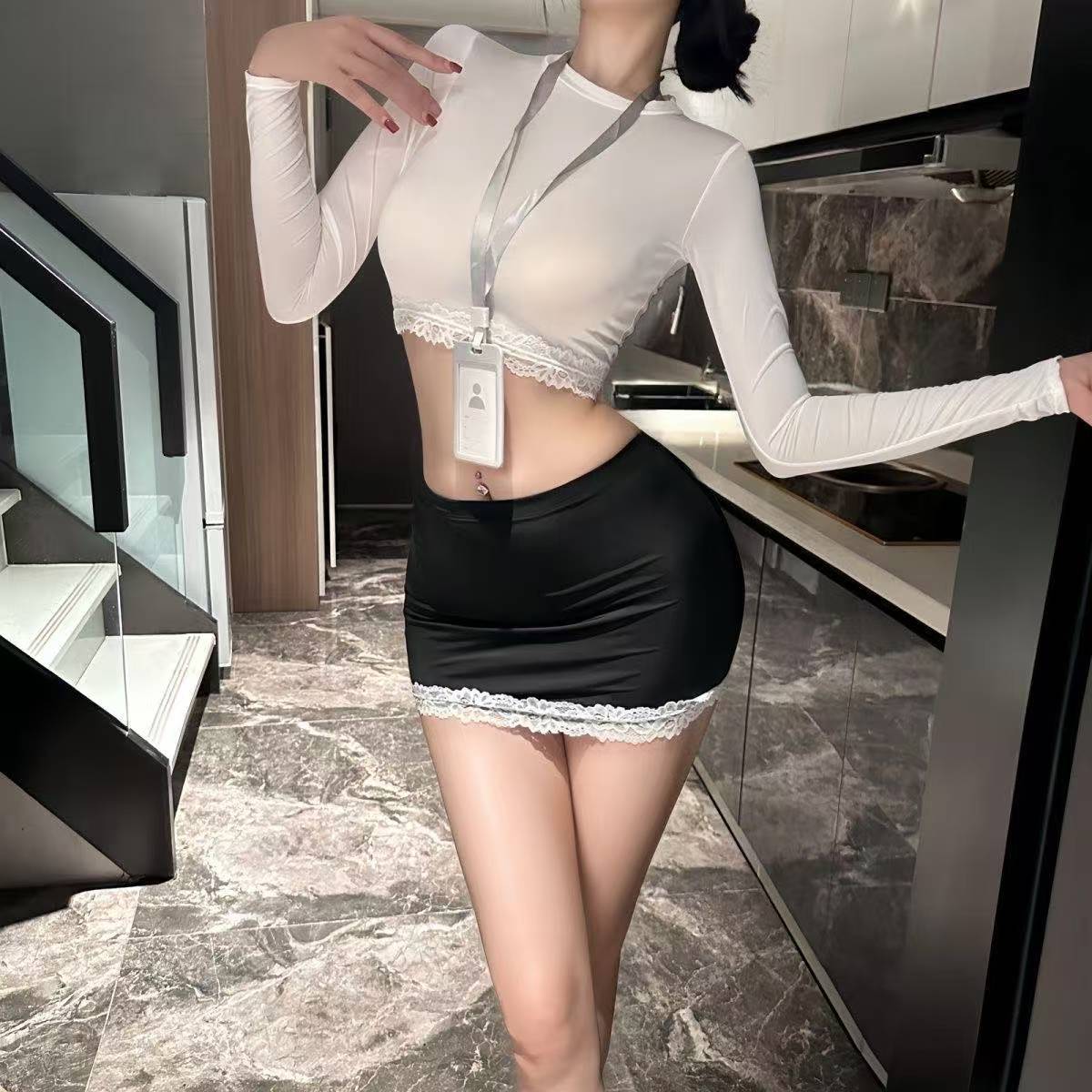 Secretary Roleplay Costume Set with See-Through Top, Hip Skirt and Bodystocking — detail image 6