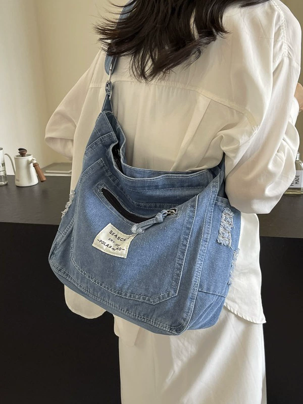 Denim Shoulder Bag for Casual Wear, One-Shoulder Design in Black, Light Blue, Navy Blue