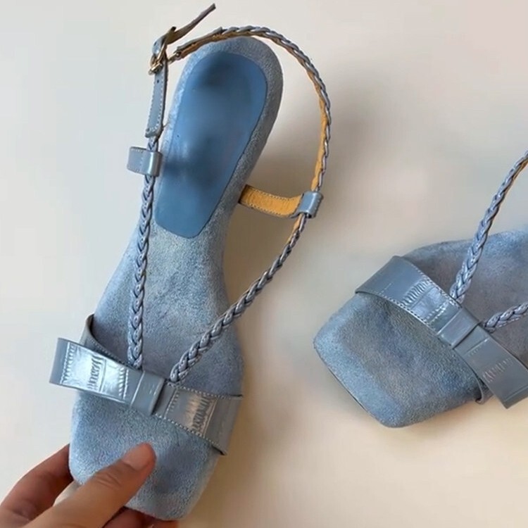 Sheepskin Version! Women's Sandals in Gentle French Style, Light Blue Square Toe with Bow, Single Strap, Suitable for Pairing with Dresses, Wedge High Heels