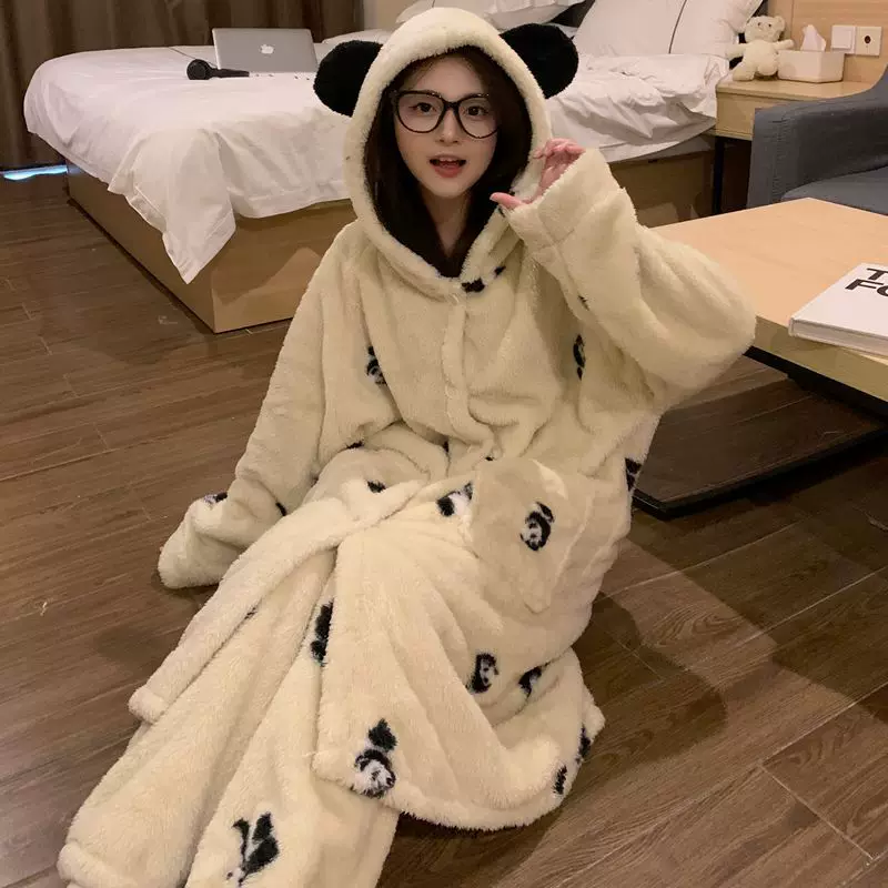 Coral velvet demi-season warm pijama, cartoon flannel long bathrobe with hood, set
