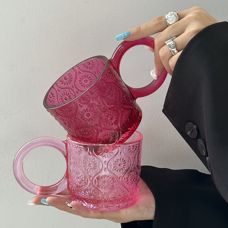 Big-Eared Red Glass Water Cup with Vintage Embossed Design and Handle, Unique Coffee Mug with an Instagram-Worthy Aesthetic