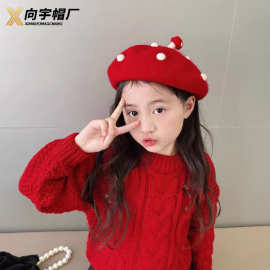2026新品中大童帽子羊毛贝雷帽小蘑菇女童画家帽红色亲子帽子现货