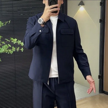 秋冬男士高奢时尚潮流简约高端翻领夹克小直筒休闲套装