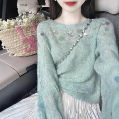 慵懒风绿色镂空亮片马海毛毛衣女秋新款设计感气质温柔软糯针织衫