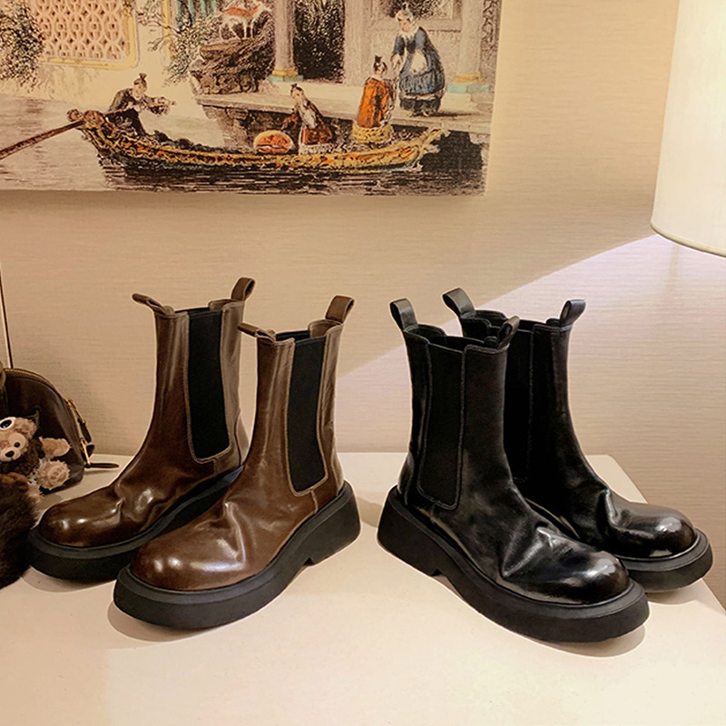 Cowhide Version ~ Thick Heel Thick Sole British Style Chelsea Boots Women's Short Boots Genuine Leather Pleated Chimney Boots Mid-Calf Boots