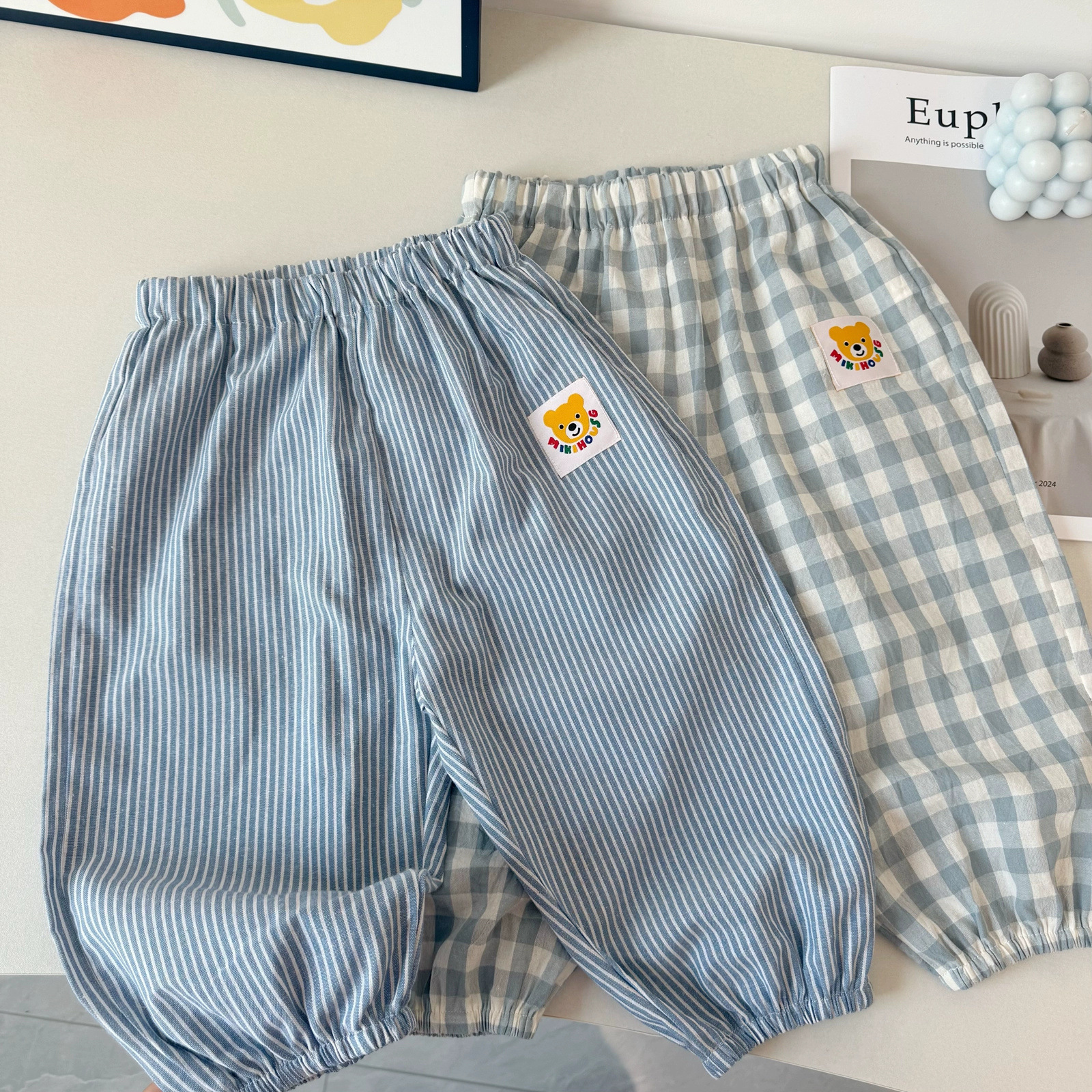 Cream Anti-mosquito Pants 2025 Summer Cartoon Bear Trousers for Boys and Girls Baby Children's Casual Plaid Leg Pants