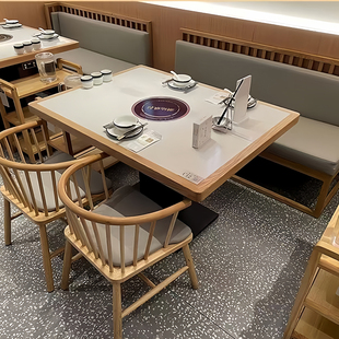♔ Customized Solid Wood Slate Hot Pot Table Induction Cooker Integrated Smokeless Barbecue Skewers Commercial Restaurant Tables and Chairs