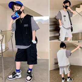 男童夏装假两件T恤短裤两件套2025新款中大童韩版上衣运动套装潮