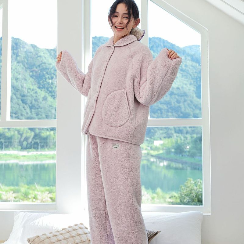 加厚暖暖绒精致小翻领家居服睡衣套装女软糯舒适轻暖居家外穿睡衣|undefined