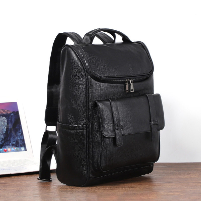 Ba lô da bò lớp đầu da thật 42×15×30 cm, túi đựng laptop dung lượng lớn đa năng đi du lịch ngoài trời — Màu đen