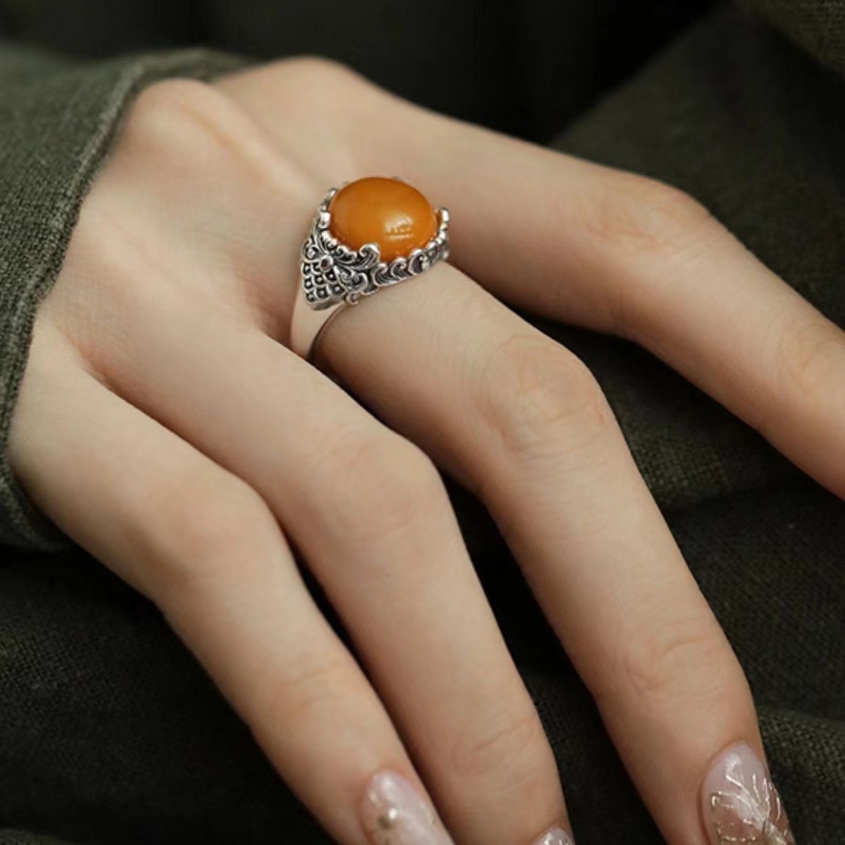 Natural Amber Open Ring In 925 Sterling Silver For Women_voghion.com