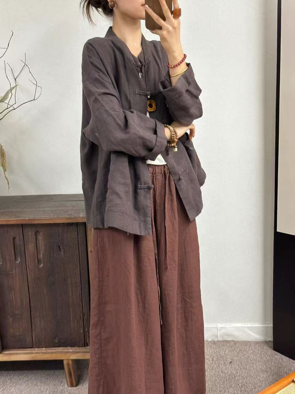 新中式女装高品质亚麻上衣女纯色文艺复古对襟衬衫女中式改良茶服|undefined
