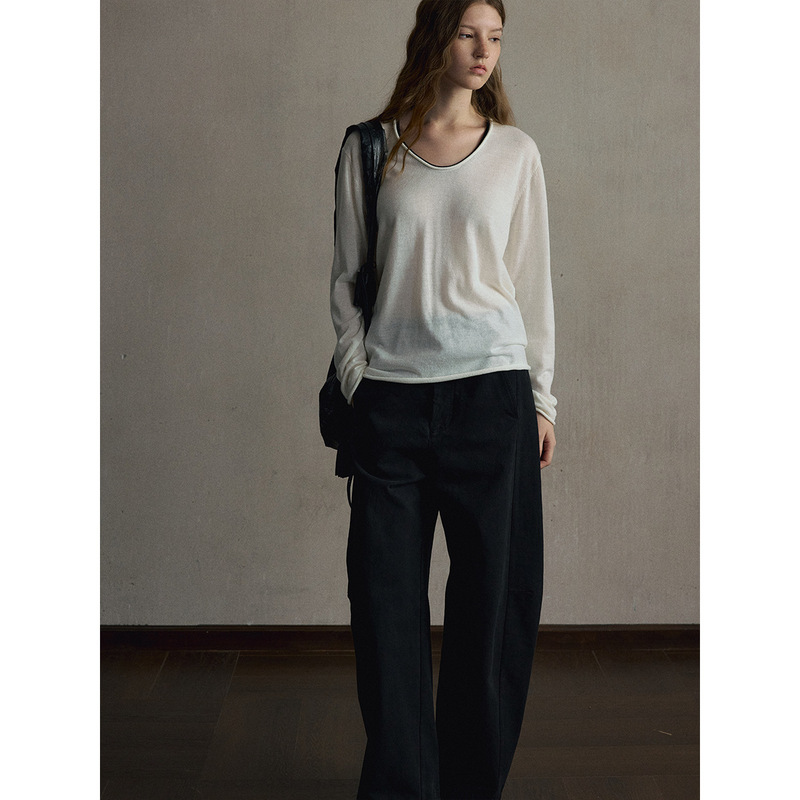 【识几】Rolled Edge Color-Blocked Collar Wool Blend Sweater for Women, Autumn Stylish Pullover Knit Top M63438 【识几】Rolled Edge Color-Blocked Collar Wool Blend Sweater for Women, Autumn Stylish Pullover Knit Top M63438