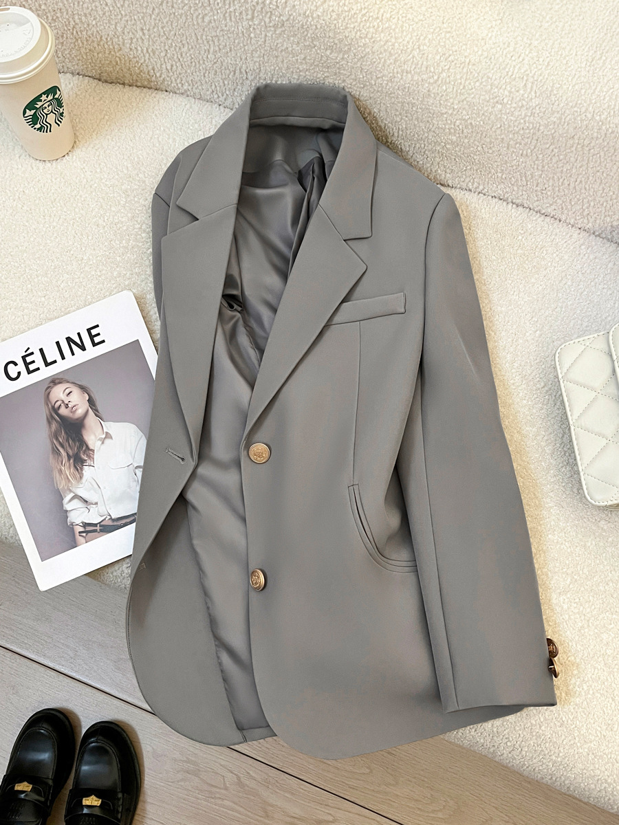 グレーの女性用スーツジャケット、高級感のある2026年春秋新作、韓国風、女神のような気質、高級カジュアルスーツジャケット