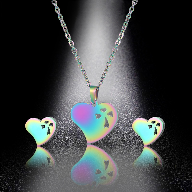 Stainless Steel Creative Cross-Border Colorful Hollowed Heart Shape Necklace and Earring Suit Heart-