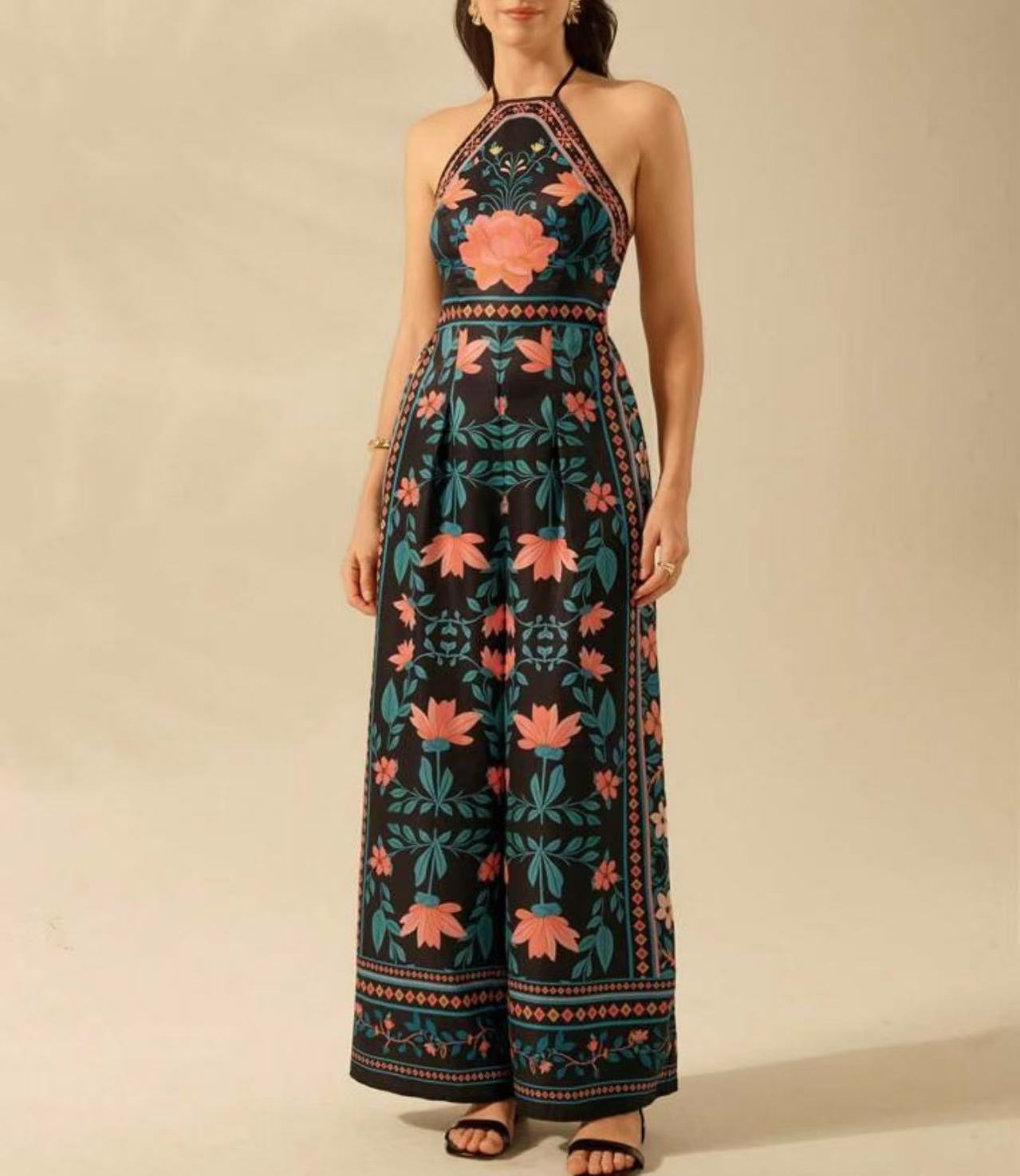 Sexy Printed Sleeveless Halter Neck Wide Leg Jumpsuit European American Style for Women Cross Border Independent Website_ecoleips.com