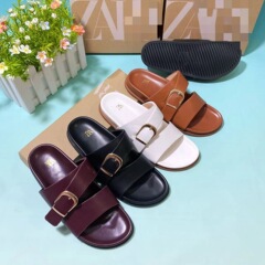 ザホーム夏クロスボーダー金属角型バックルスリッパ外着シンプルフィットラウンドヘッド厚い女性靴slippers