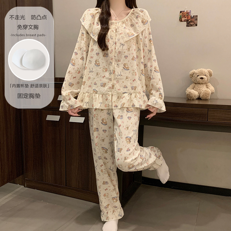 新款卡通花边娃娃领云朵棉长袖睡衣女春秋款冬季甜美风家居服批发|undefined