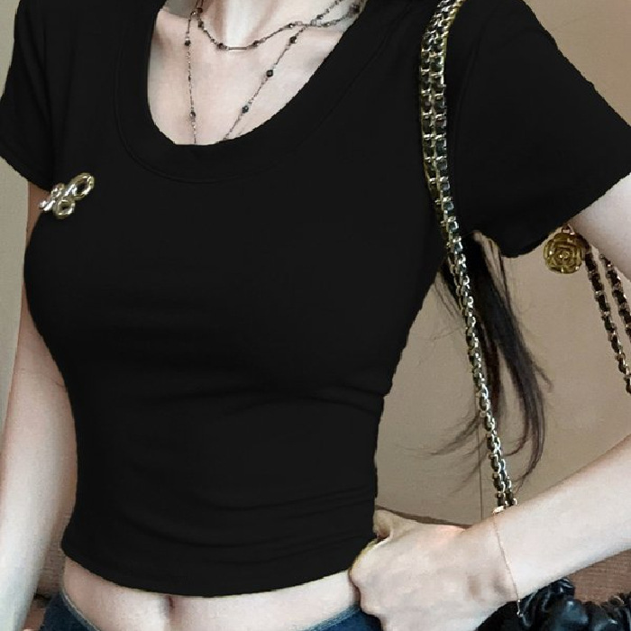 短款设计上衣女小众露脐短袖镂空蕾丝露辣妹拼接修身显瘦后背T恤|undefined