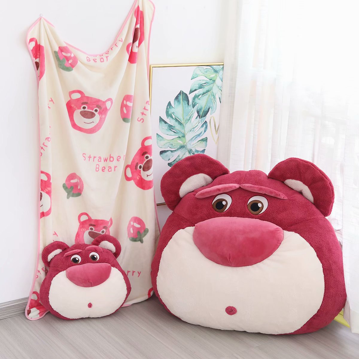 Pink Greatly Strawberry Bear Bedside Pillows Cushion Triple Pillow Blanket Air blanket girl student Unburden gift