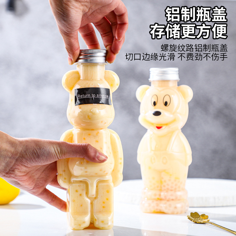 Oso violento botella de plástico transparente de dibujos animados para mascotas jugo de grado alimenticio creativo leche taza de té oso botella de bebida desechable