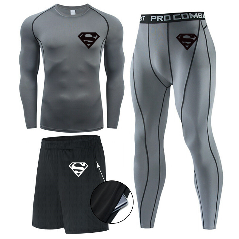 Traje de hombre de compresión de tres piezas de secado rápido medias de manga corta para correr traje deportivo ropa de entrenamiento de baloncesto gimnasio