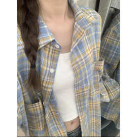 W2F格子衬衫外套女早秋新款韩系宽松慵懒风休闲百搭衬衣外搭开衫