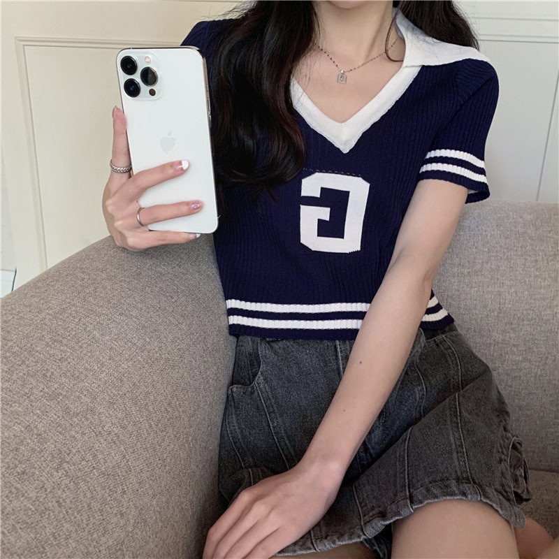 Spot Summer New American Style College Style polo Collar Short Slim-fit Knitted Short-sleeved Navel Girly Style Top Trendy Spot Summer New American Style College Style polo Collar Short Slim-fit Knitted Short-sleeved Navel Girly Style Top Trendy