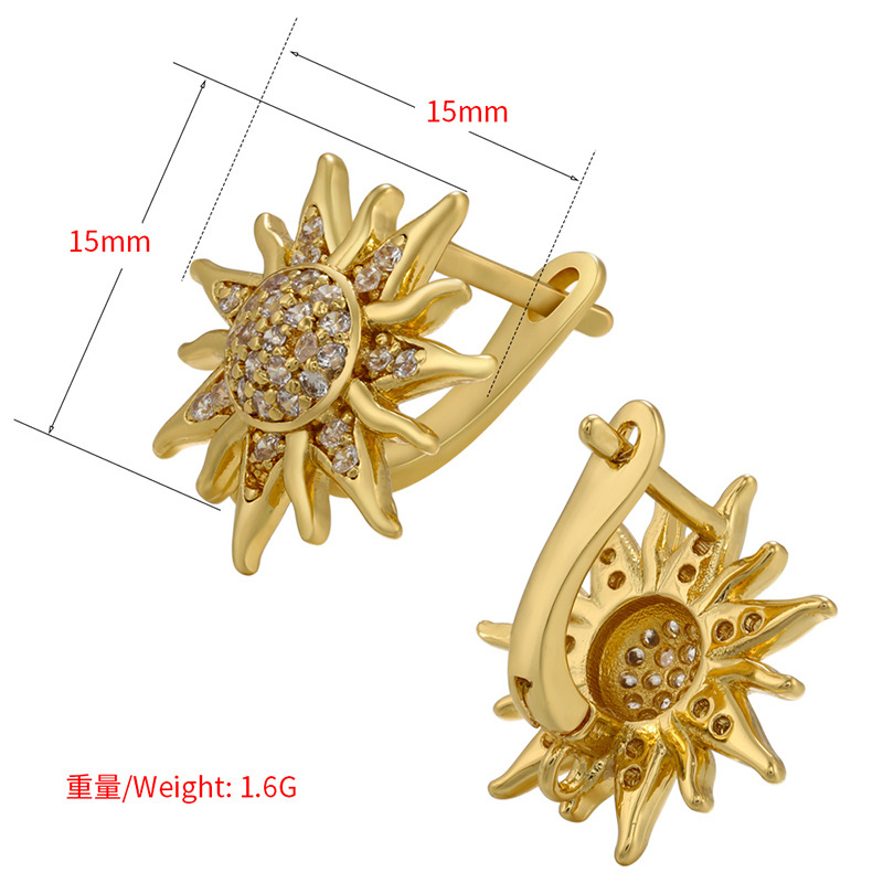 simple zircon sunflower copper 18K gold plated ear buckle earrings